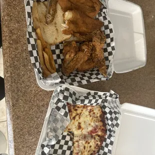 Fish&amp; chicken wing combo  With personal size pepperoni pizza
