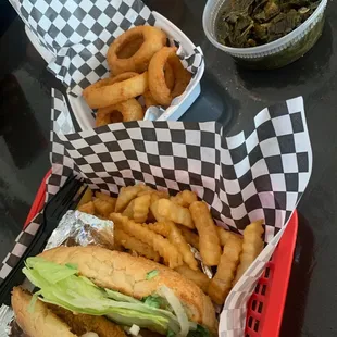 Catfish Sandwich Onion Rings French Fries