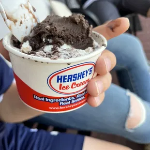 a person holding a cup of ice cream