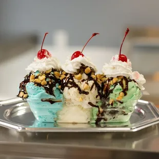 three ice cream sundaes