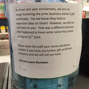New owners have given away close to $1500 in free ice cream by honoring the prior owners blue gift certificates.  Is that not enough?