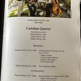 a concert program for the canadian quartet