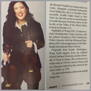 Rachell Ellen Wong ~ violin made in 1953 by Carlo de March, and on a Baroque violin from the school of Joachim Tielke, ca 1700. {10/23/2022}