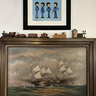 a painting of three sailors on a ship