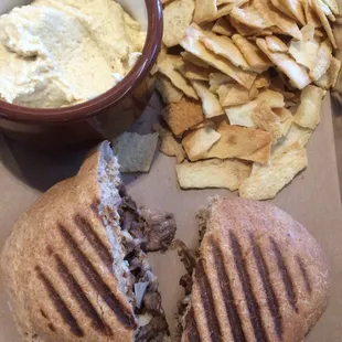 Philly Sandwich (their interpretation), along with a &quot;side&quot; of hummus and chips (we thought we were ordering as an appetizer for table?).