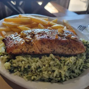 Salmon platter with spinach rice and fries was delicious