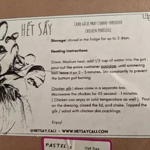 Prepacked meal with directions.