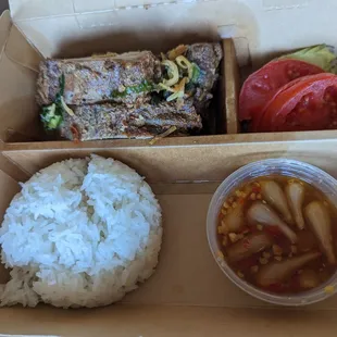 Charcoal grilled ribs and coconut cream rice