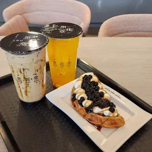 Large Iced Brown Sugar Cafe Latte, Large Iced Passionfruit Peach Fruit Tea, and free Brown Sugar Boba Croffle (5/30/23)