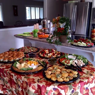 Chicken Salad Croissants, Fruit/Cheese Kebobs, Veggie Tray with Ranch, Tortellini Skewers, Mini Quiche, Fresh Fruit and Cheese and Crackers.