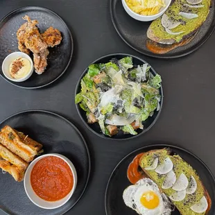 Avocado Tartine w/egg, Bonito Ceasar Salad, Kim-Cheese sandwich, Fried Chicken