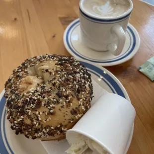 Bagel with cream cheese and cappuccino