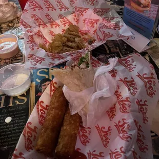 My wrap with tater sticks and the fried dill pickles