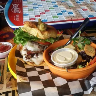 Nirvana Burger - grilled onions and portabella mushrooms, Applewood smoked bacon, Swiss cheese, fully dressed