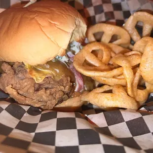 Fried chicken sandwich with old bay wheat wagon wheels. They were different but had a good taste