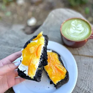 Black Sesame Toast with cream cheese and marmalade; matcha latte   IG @duh_lish