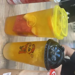 strawberry slush with cheese foam, fruit tea, milk tea