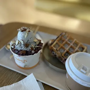 Black sesame and ube mochi waffle and an americano