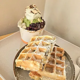 Matcha Romance (small) and Sesame Peanut Mochi Waffle