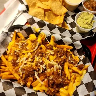 Chili cheese fries and chip &amp; dip trio