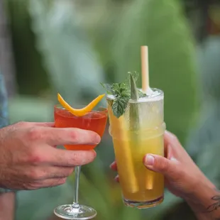 two people toasting with drinks