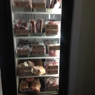 a display case of donuts