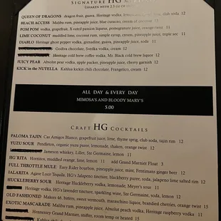 Cocktail menu