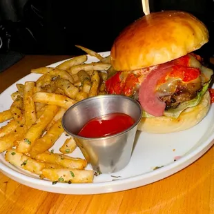 Steak Chop Bistro Burger &amp; Fries (added bacon jam)