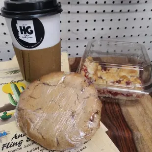 SF white chocolate raspberry almond milk latte, butter pecan cookie and a "cherry thing"