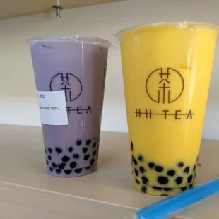 Yummy!!!  Two milk tea with tapioca . . Taro and mango.