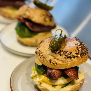 Egg, cheese and sausage bagel sandwich