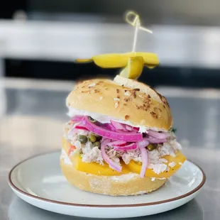 White Fish Bagel with Red Onions and Yellow Tomatoes