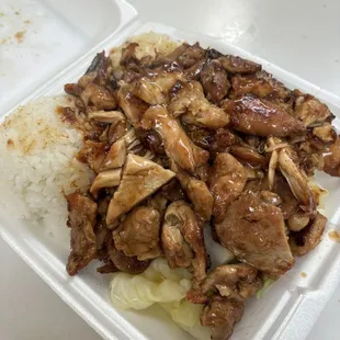 chicken and rice in a styrofoam container
