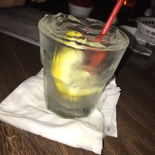 3/4 House Vodka and 1/4 tonic with a splash of lemon and this one definitely needs 2 olives