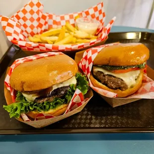 Pineapple Burger, Pesto Burger and Fries