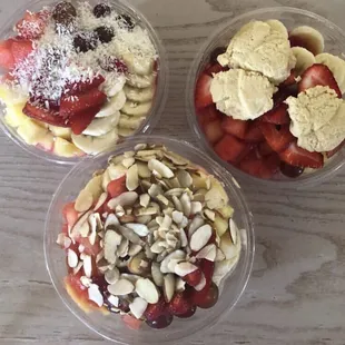 Açaí bowls with coconut, almonds, and cookie dough