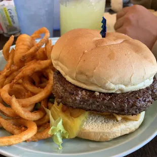 Bacon cheeseburger with curley fries