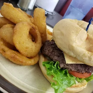 Bacon cheeseburger and onion rings