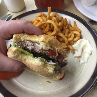 Hamburger with Curley fries.