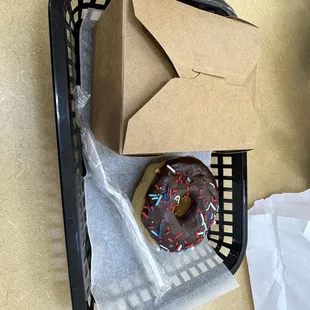 Biscuits and gravy and a sprinkle donut