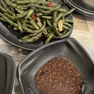 String beans. Tasty! Side of chili oil and soy sauce for extra kick!