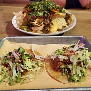Nachos and chicken tacos