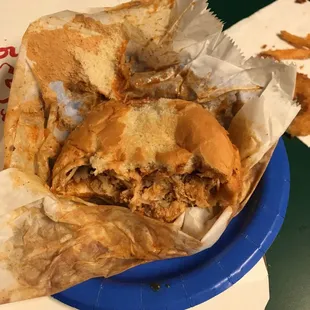 Pulled pork sandwich...very messy and the top and bottom of the bun was stuck to the wrapper