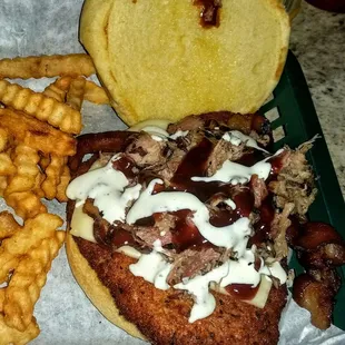 3 Pigs. Thick tenderloin w/ pulled pork &amp; bacon