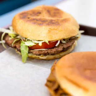 a hamburger and a pancake