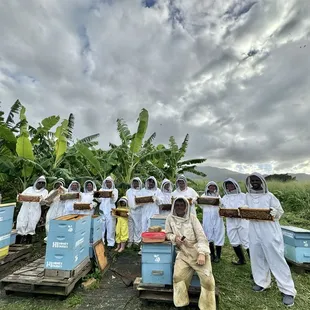 a group of beekeepers in full bee suits
