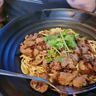 Beef noodles with onion oil and soy sauce tastes like a dry beef noodle soup
