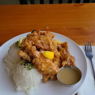 Crispy Fried Lemon Chicken Thighs, rice, and kimchi.