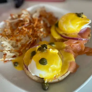 a plate of food with eggs and ham