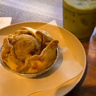 Steak and potato pot pie and matcha strawberry latte. Amazing!